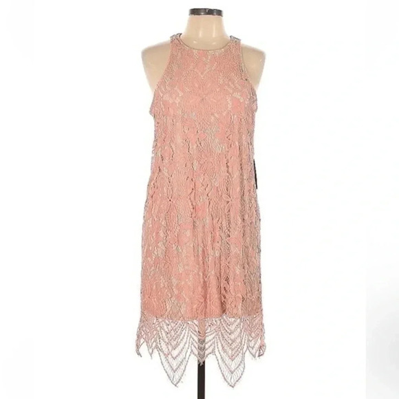 Express | Pink Floral Lace-Up Mock Neck Boho Vibes Dress Size L NWT - Picture 2 of 6